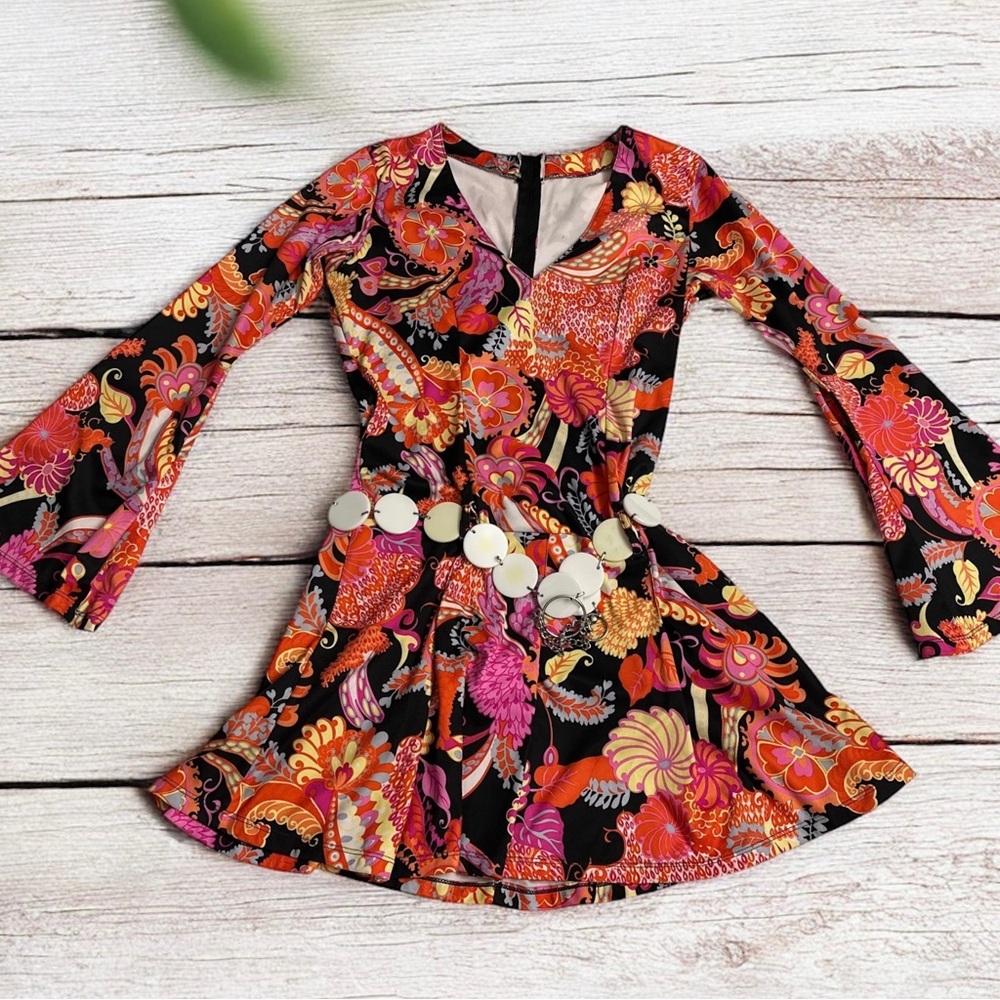 Women’s Multicolor Chic Hippie Paisley Bohemian Go-Go 60’s Mini Dress ~ Size M/L - Picture 7 of 7